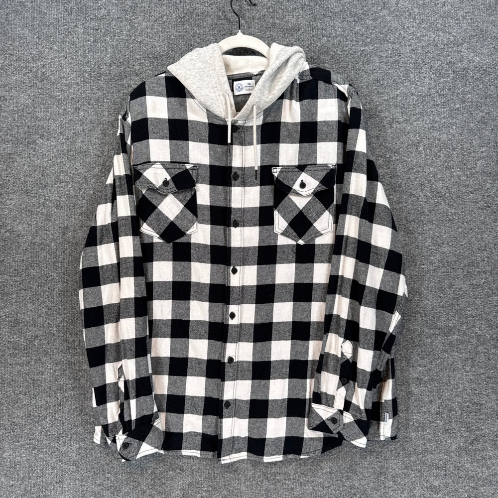 Hurley Hooded Flannel Shirt Men XXL Black White Buffalo Plaid Button Up Casual